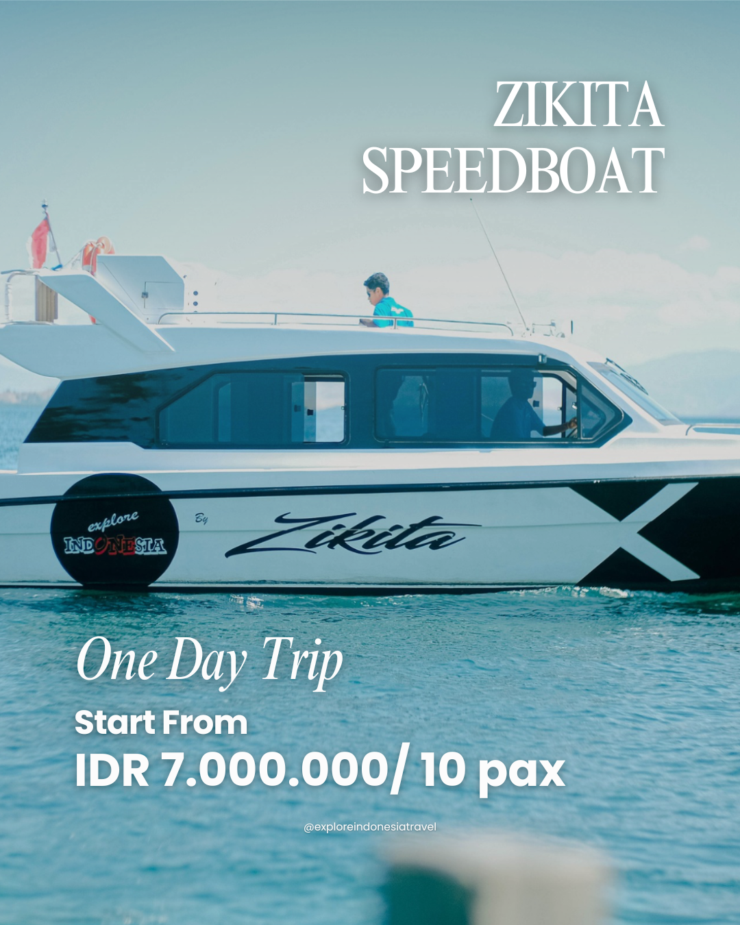 White luxury speedboat with blue accents on calm turquoise water, modern design with comfortable seating for island hopping adventures